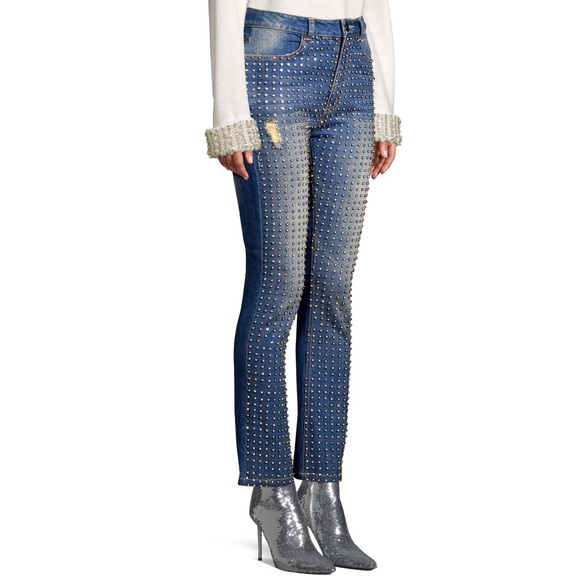 Alice & Olivia Blue Denim High-rise Crystal Embellished Straight Leg Jeans—NWT - Picture 1 of 16